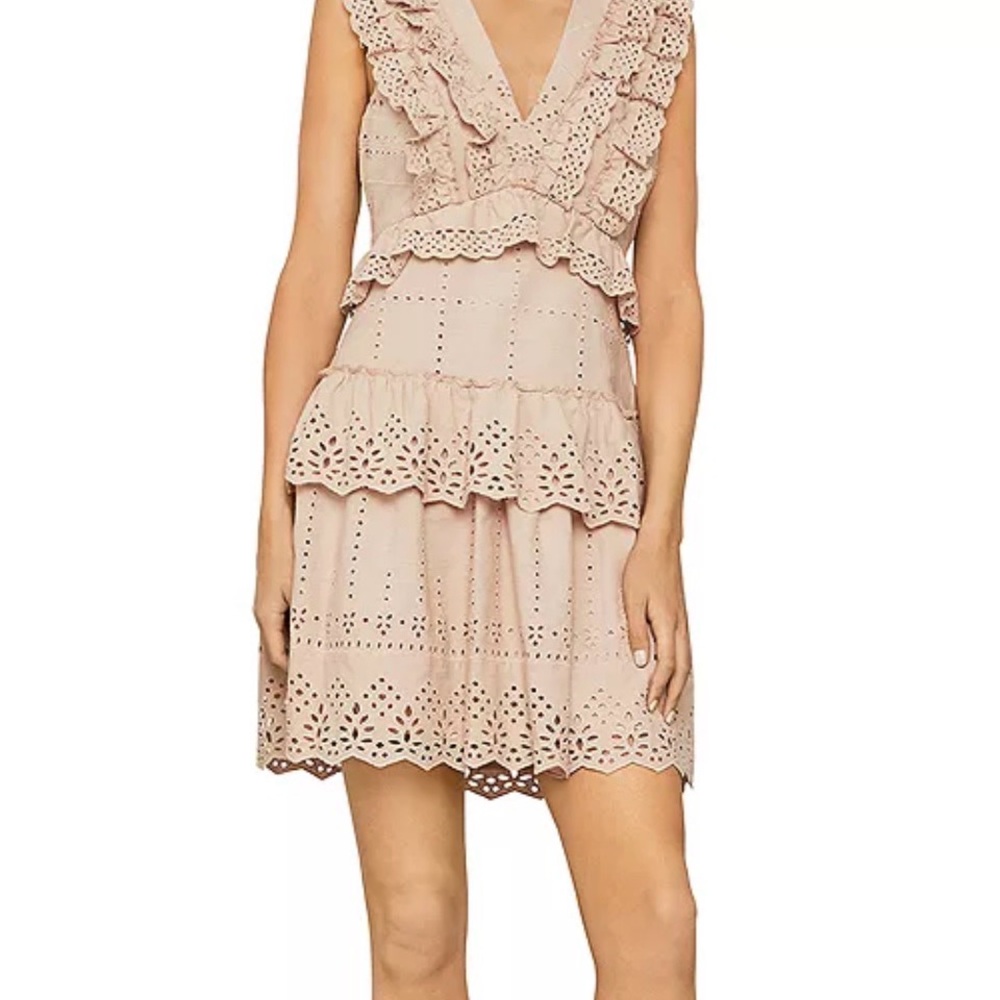 BCBGMaxAzria Blush Eyelet Ruffle V-Neck Mini Dress